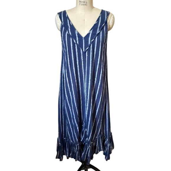 Vintage 70s Striped Summer Caftan Sundress in Blue & Silver Stripe Size Large - Picture 1 of 4